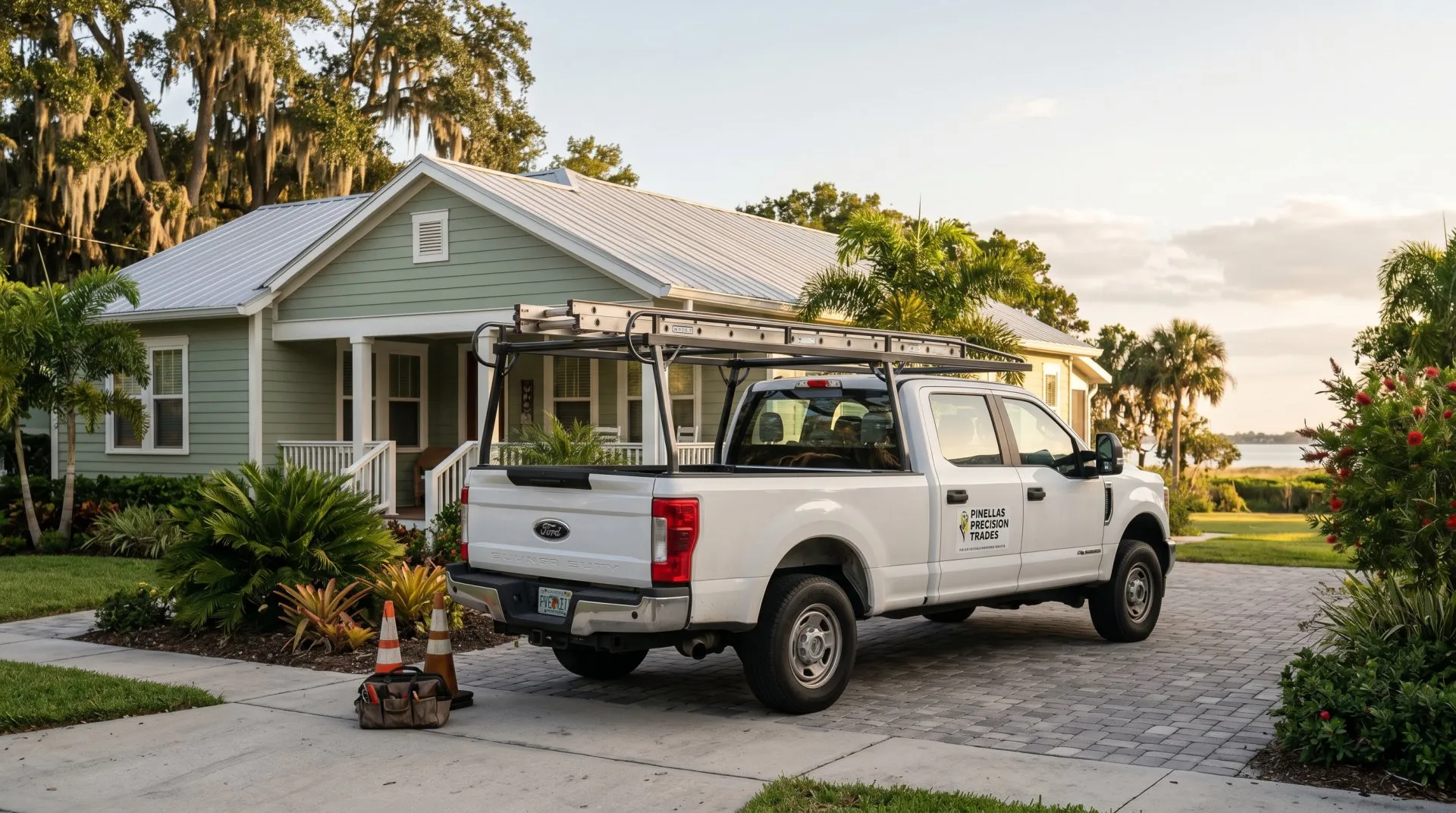 A contractor truck at a job site near the Pinellas Trail in Dunedin, Florida