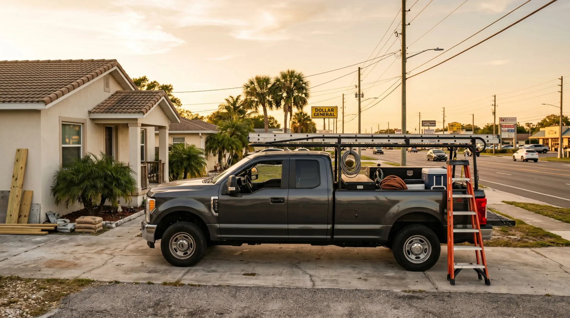 A contractor truck at a job site along US Highway 19 in Holiday, Florida