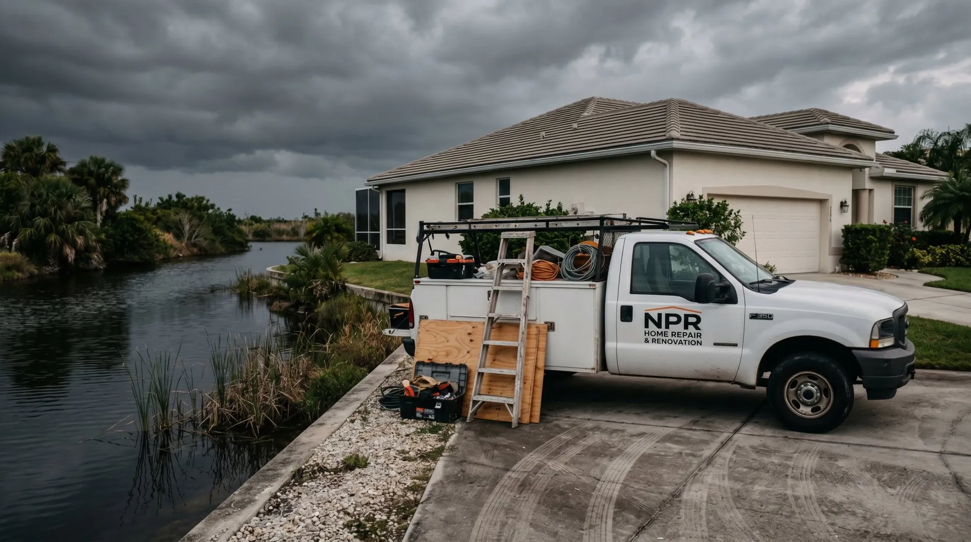 A contractor truck at a job site near the Cotee River in New Port Richey, Florida
