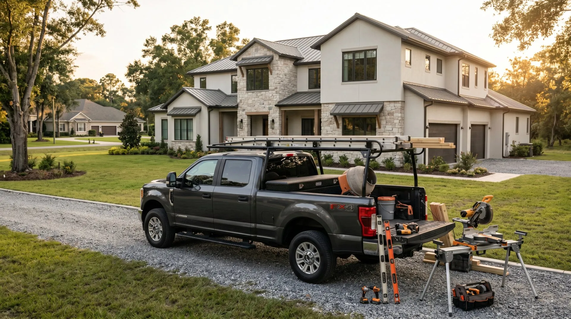 A contractor truck at a large residential property job site near Odessa, Florida