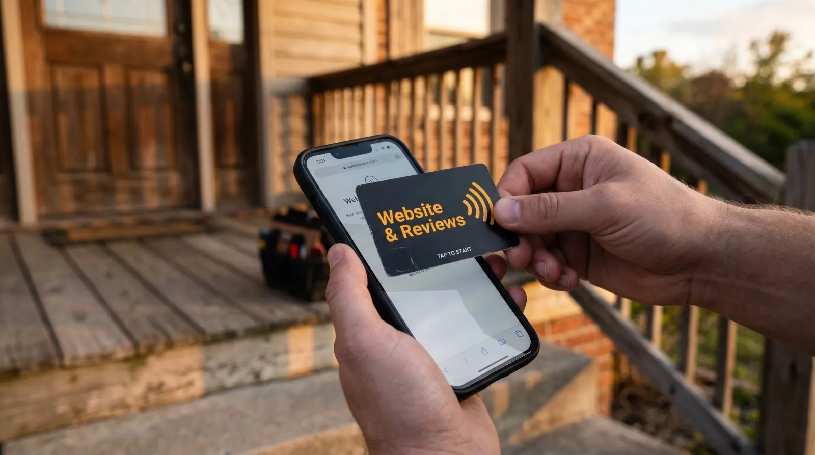 A branded Driveway-to-Maps NFC review card in use at a completed job near downtown Dunedin
