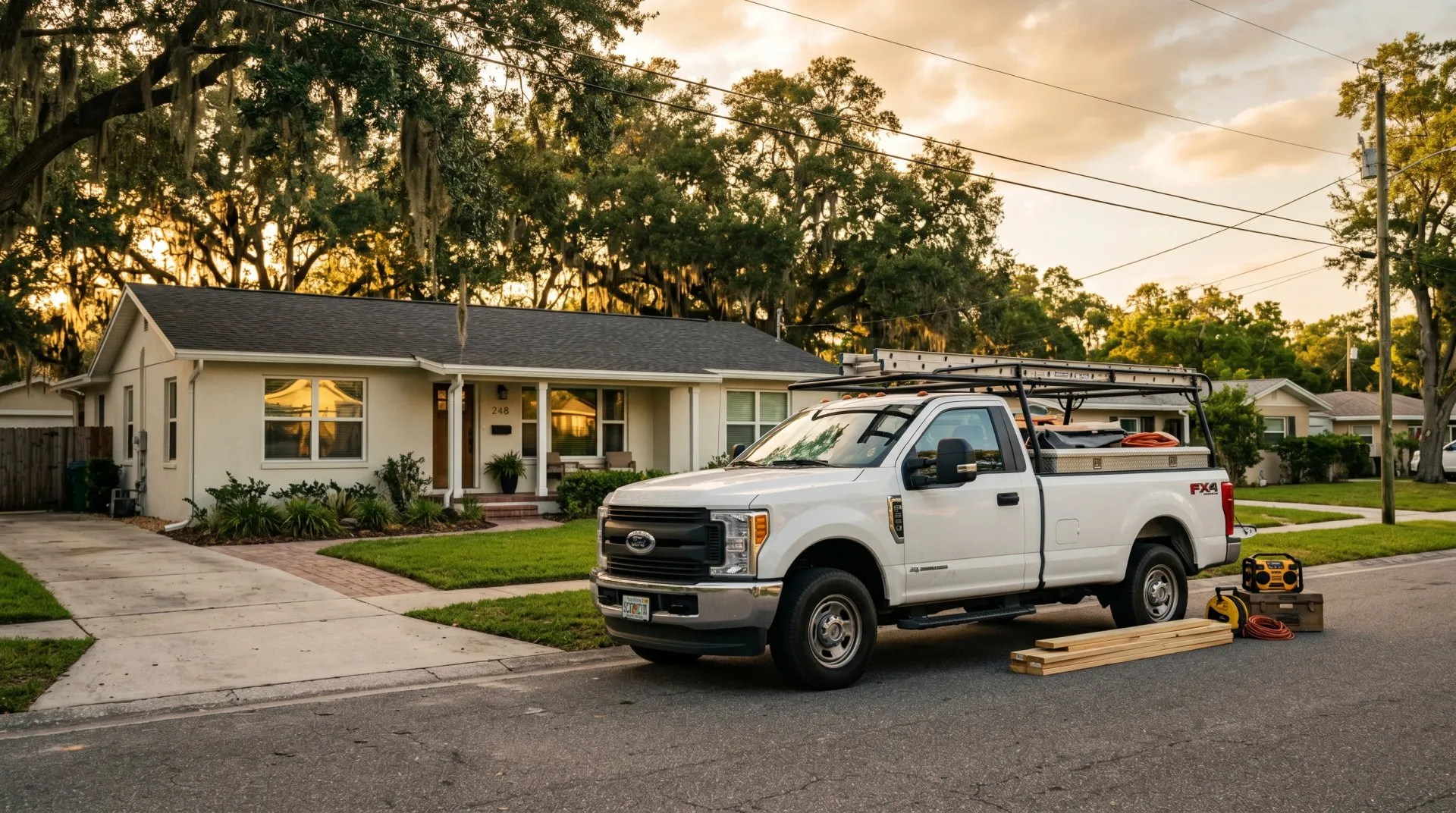 A contractor truck parked at a job site near Tampa Road in Oldsmar, Florida