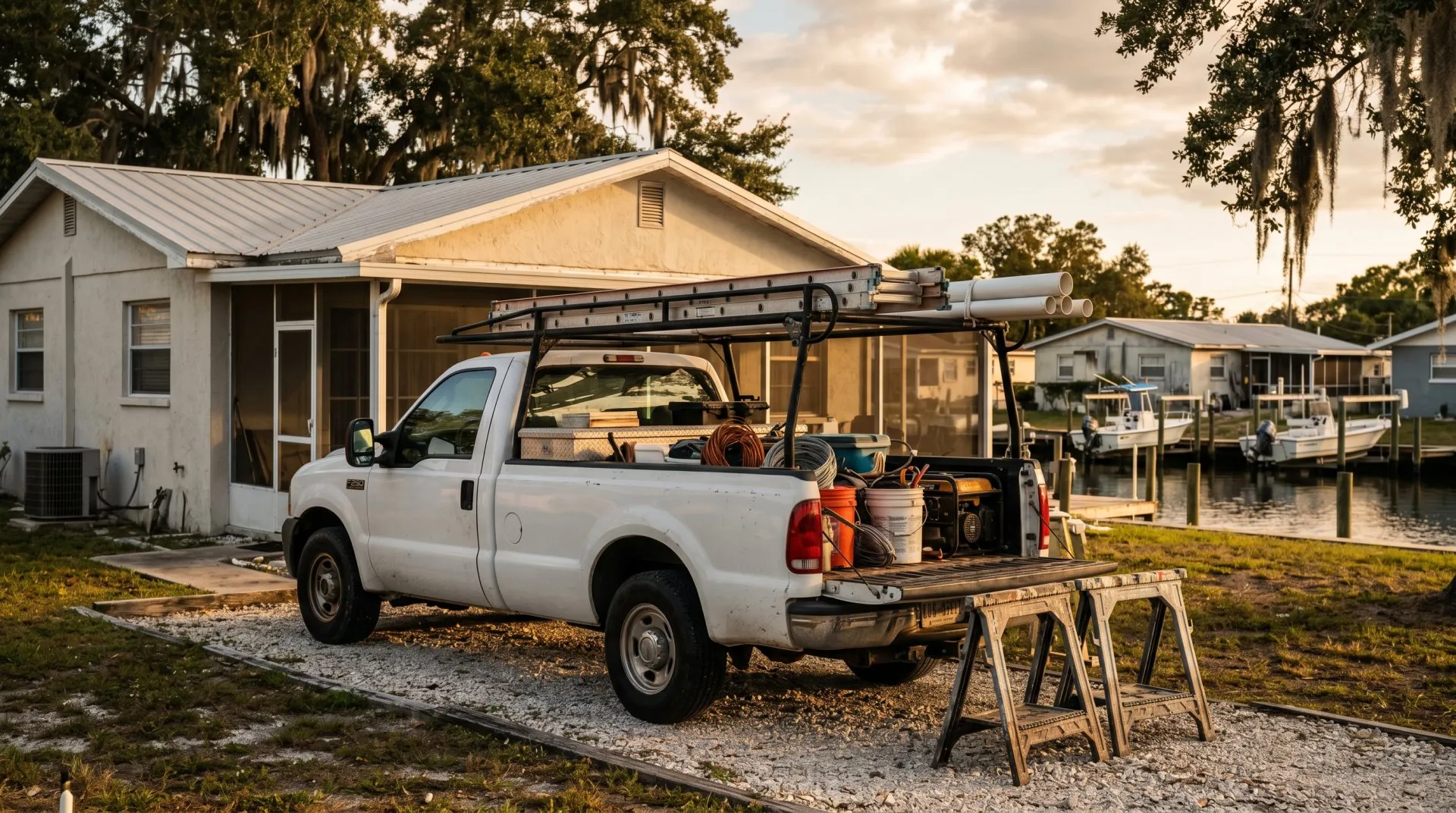 A contractor truck at a waterfront job site near Port Richey, Florida