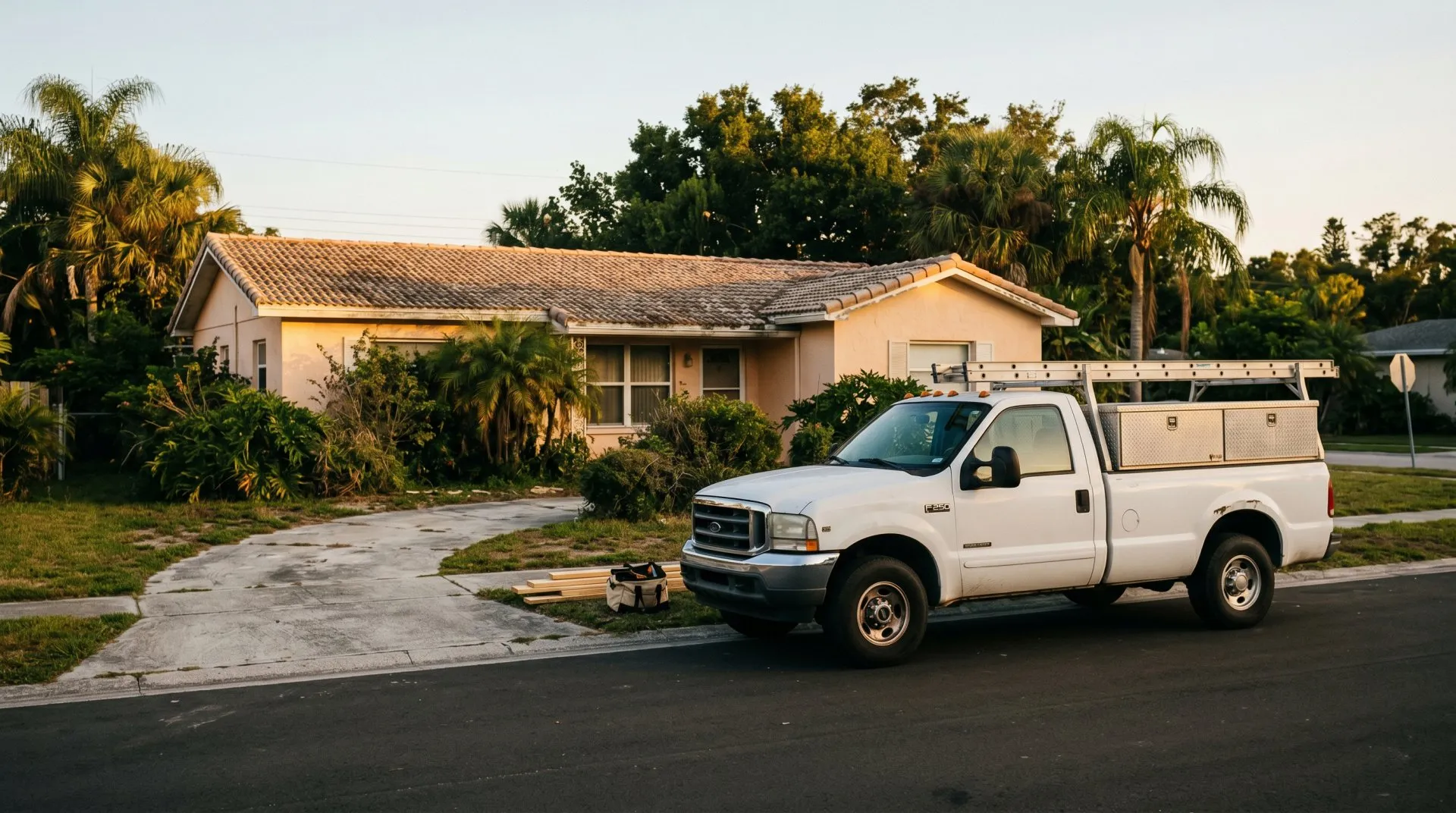 A contractor truck at a job site near an older home in Tarpon Springs, Florida