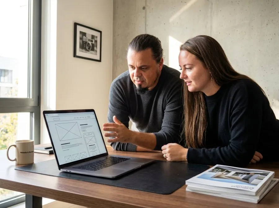 Niki and Peter, the two owners of Website & Reviews, reviewing a client site together