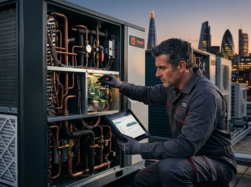 Close-up of a residential HVAC condenser unit, representing HVAC Google Business Profile setup