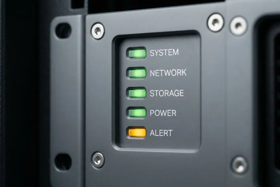 A clean server rack indicator light panel, representing managed hosting, backups, and uptime monitoring