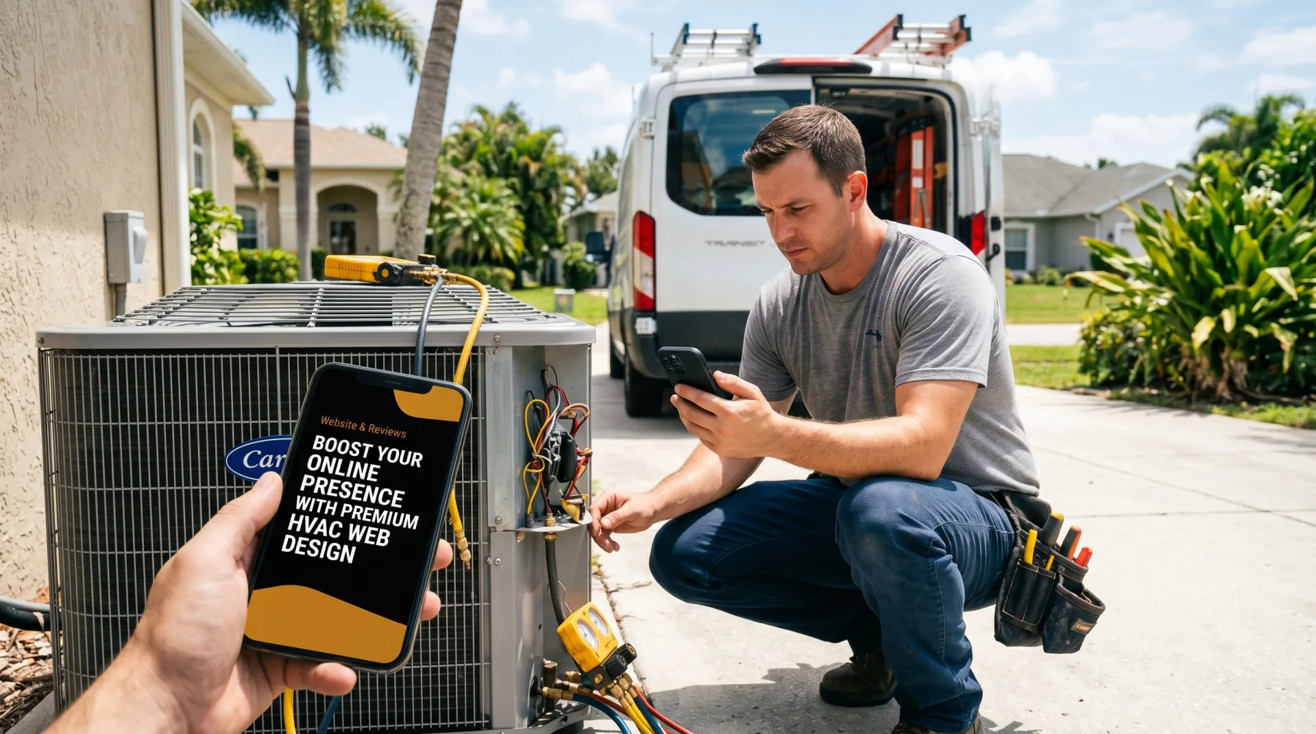 A technician checking a fast-loading HVAC company website on a job site next to a residential condenser unit