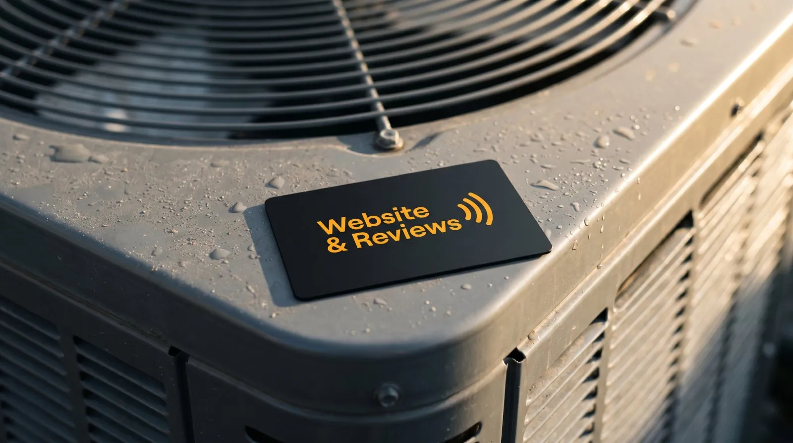A branded Driveway-to-Maps NFC review card resting on an outdoor condenser unit after a completed HVAC install