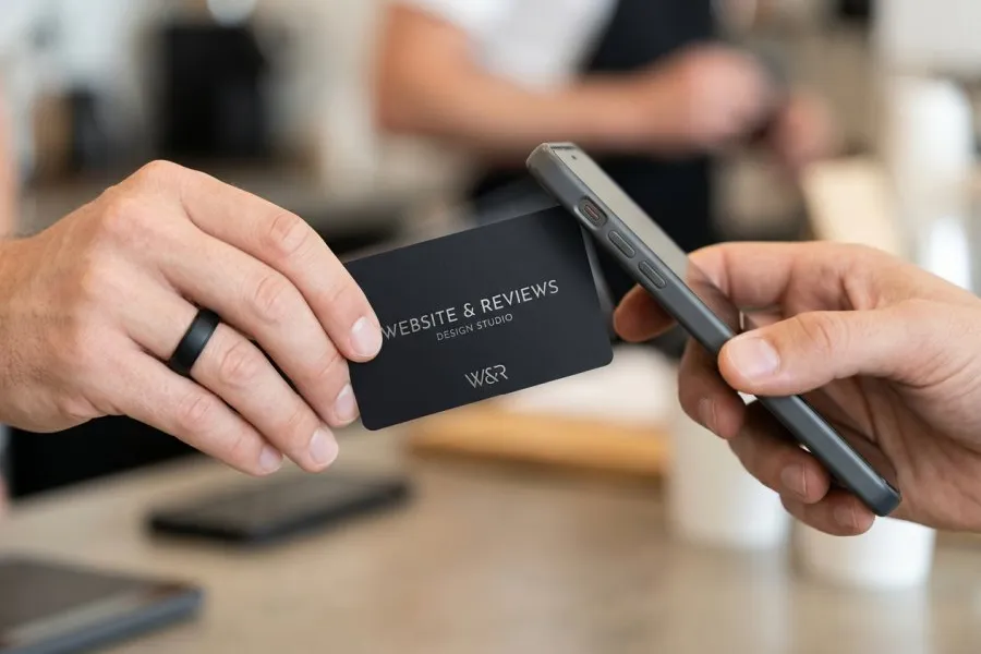 A branded Driveway-to-Maps NFC review card held up to a smartphone for tapping