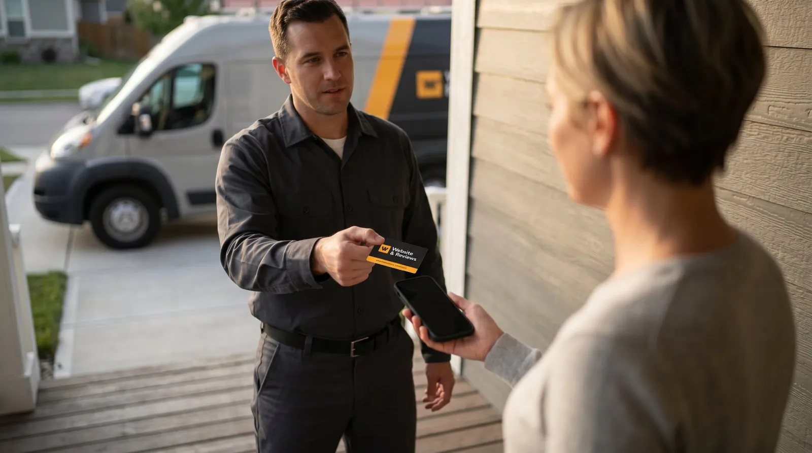 A contractor tapping the Driveway-to-Maps NFC card against a customer’s phone at the end of a completed job