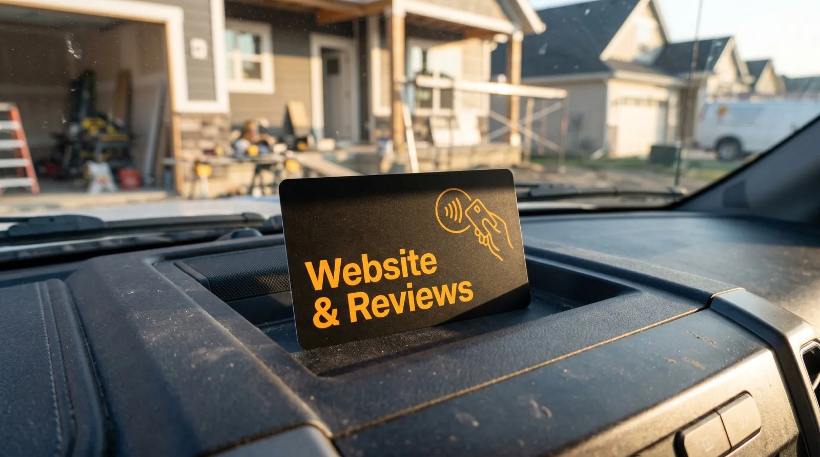 A branded Driveway-to-Maps NFC review card resting on a truck dashboard on an active job site