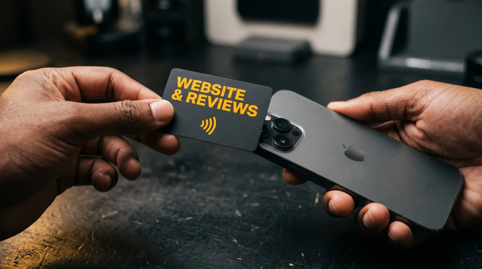 Close-up of a hand tapping a branded Driveway-to-Maps NFC review card against a smartphone
