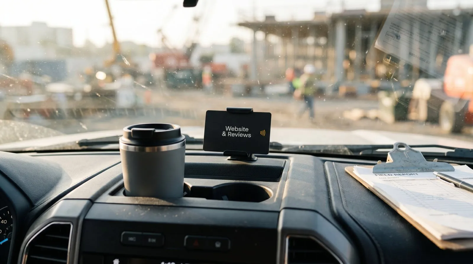 A branded Driveway-to-Maps NFC review card resting on a work truck dashboard, ready for the next job