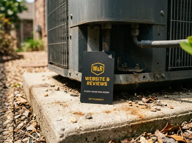 A branded Driveway-to-Maps NFC card beside a residential HVAC condenser unit