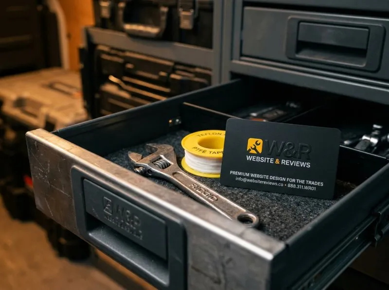 A branded Driveway-to-Maps NFC card next to plumbing tools in a service van