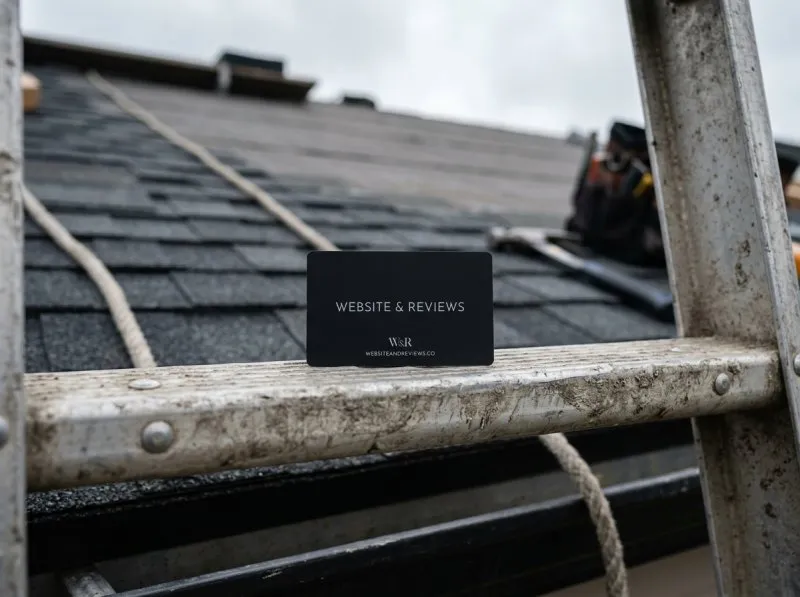 A branded Driveway-to-Maps NFC card resting on a ladder at a roofing job site