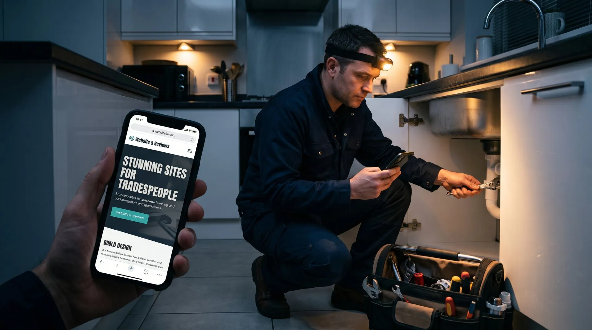 A plumber checking a fast-loading company website on a phone while responding to an emergency call