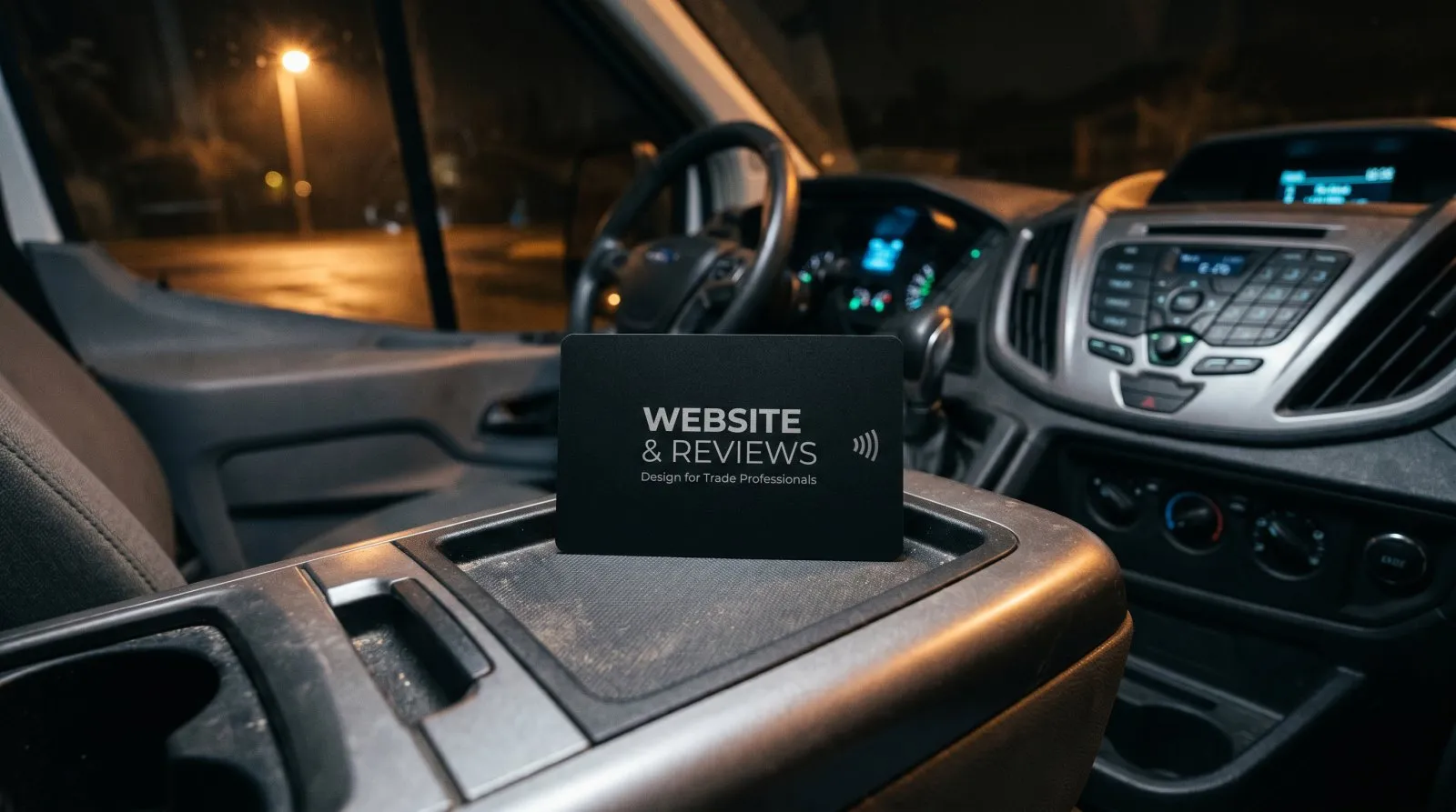 A branded Driveway-to-Maps NFC review card in a service van after a completed emergency plumbing call