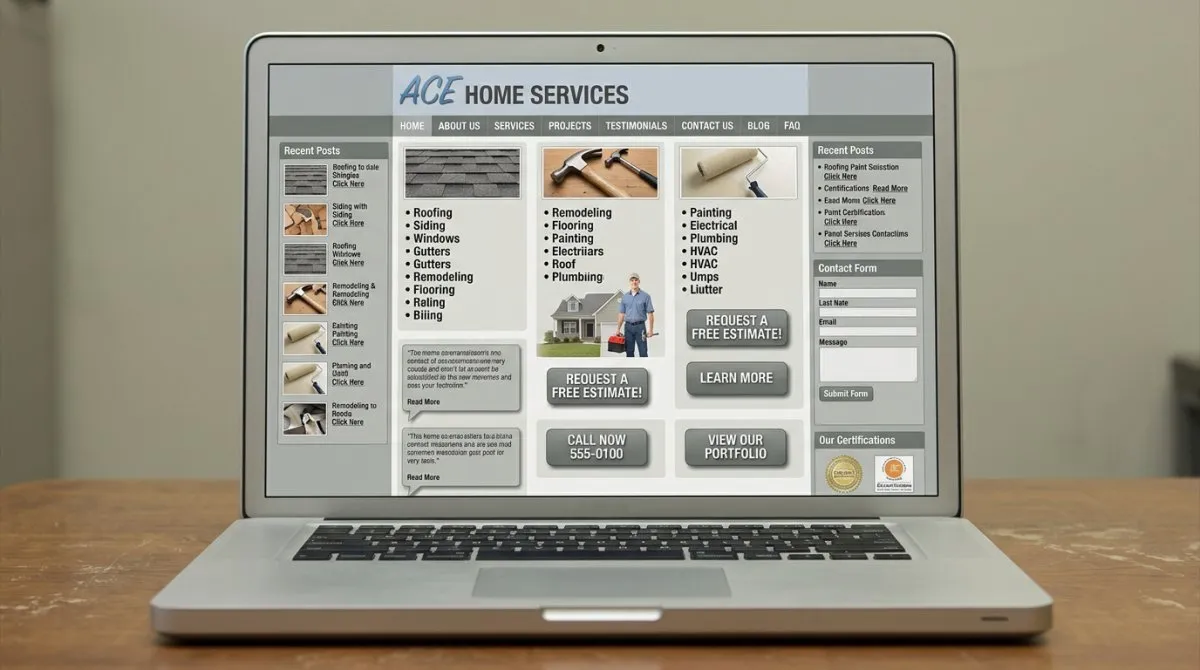 A dated, cluttered contractor website layout representative of a typical outdated site before a rebuild