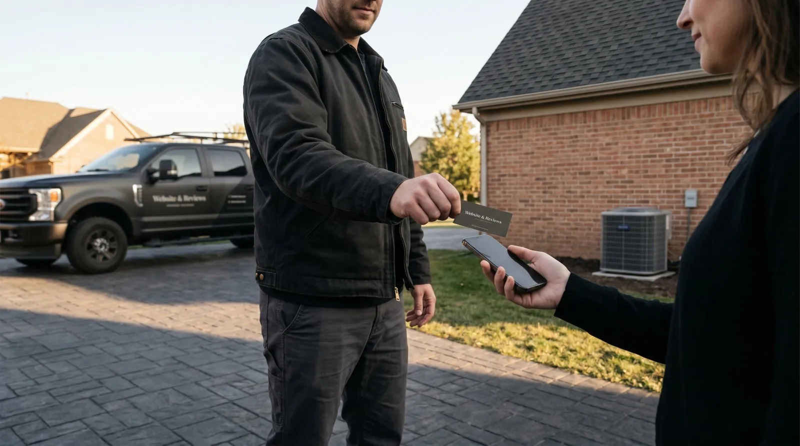 A branded Driveway-to-Maps NFC review card in use on a real job site, doing its job after a completed project