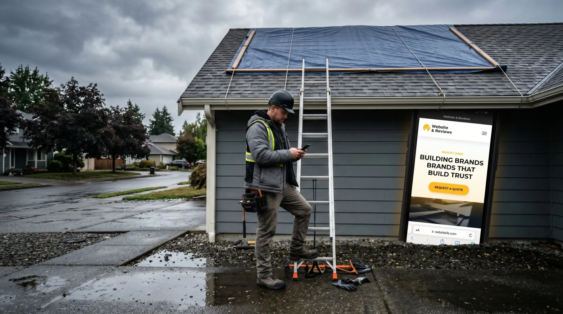 A roofing crew reviewing a fast-loading company website on a phone at a residential job site after storm damage