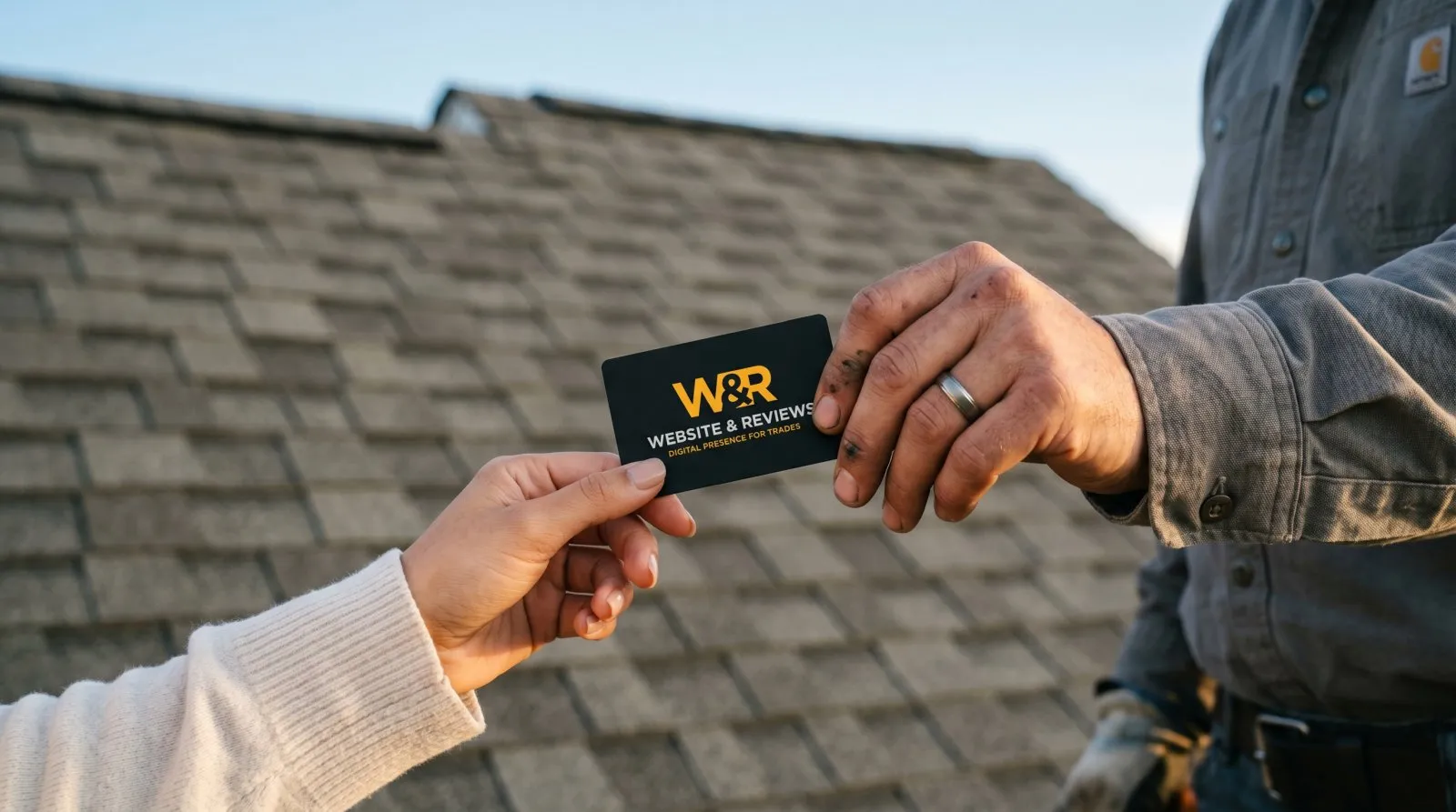 A branded Driveway-to-Maps NFC review card handed to a homeowner during a final roof replacement walkthrough