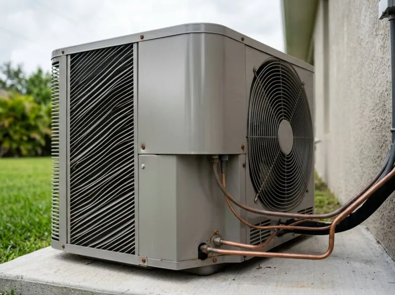Close-up of a residential HVAC condenser unit, representing HVAC website design built for emergency dispatch