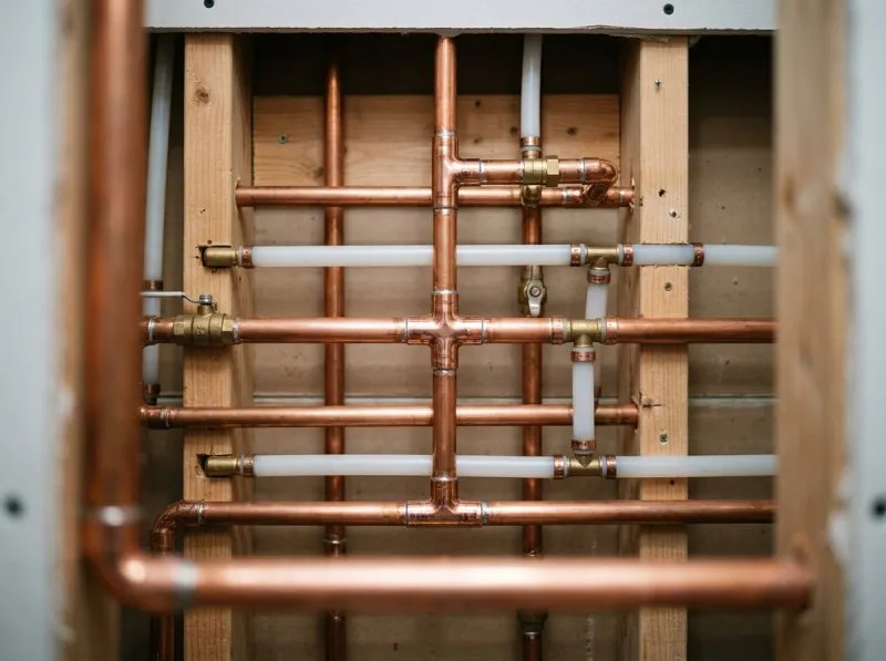 Copper and PEX plumbing pipework mid-install, representing plumbing website design built for high-ticket repipe jobs