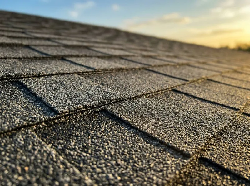 Detail of overlapping architectural shingles on a Tampa Bay roof, representing roofing website design built for storm season
