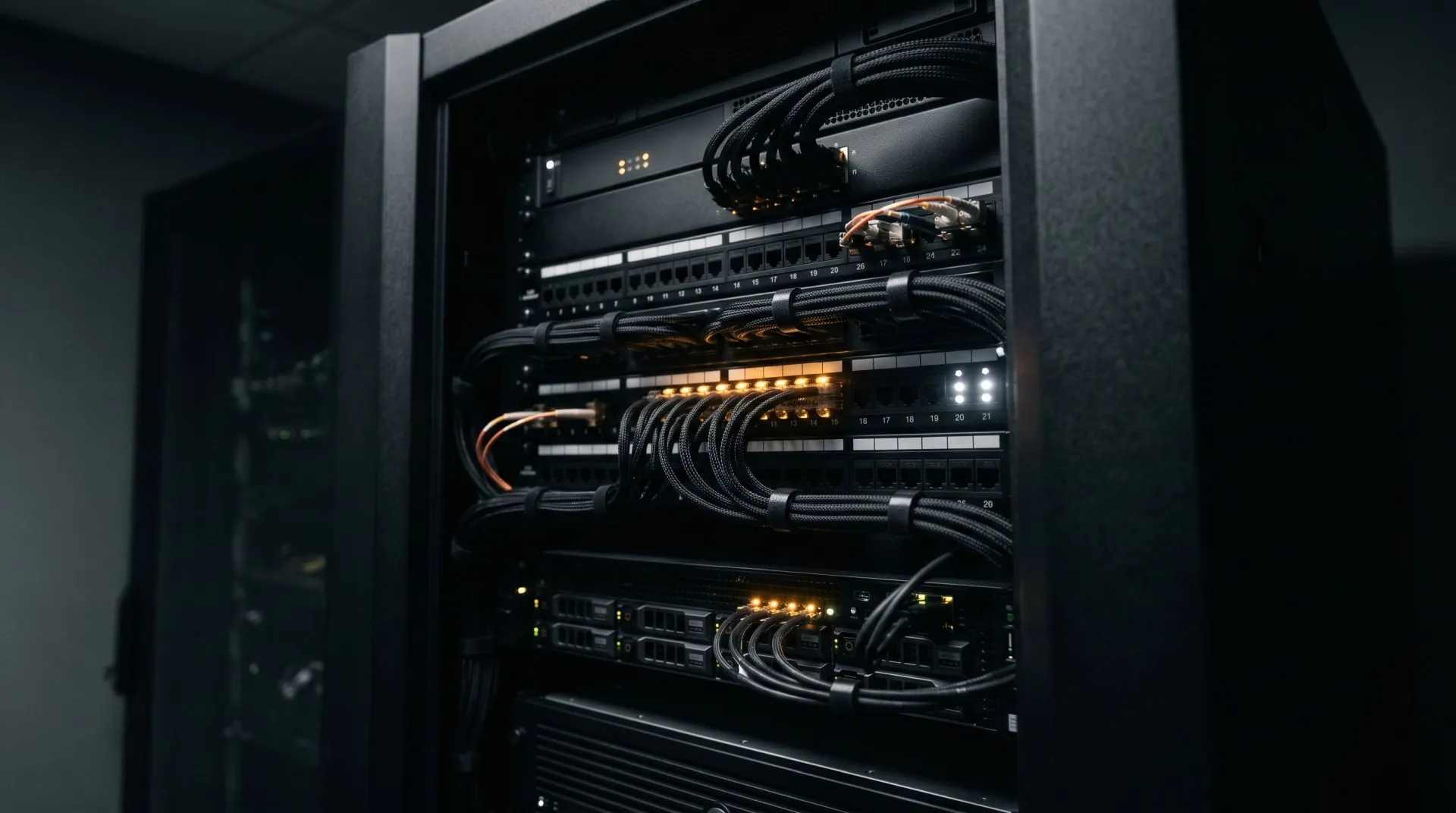 A server room rack with clean cable management, representing managed hosting behind a contractor website